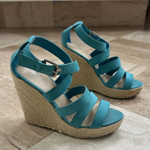 Mossimo Supply Co. Shoes - Mossimo Turquoise Suede-like Wedge Sandals with Jute Heels